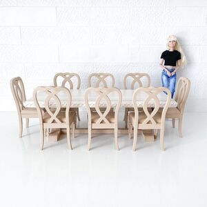 Exquisite 1:6 Scale Miniature Dining Wood Trestle Table & 8 Chair Set White Oak